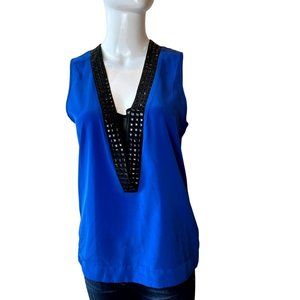 Robbi & Nikki Women Embellished Tank Top Beaded V Neck Back Hole Navy Blue SZ S
